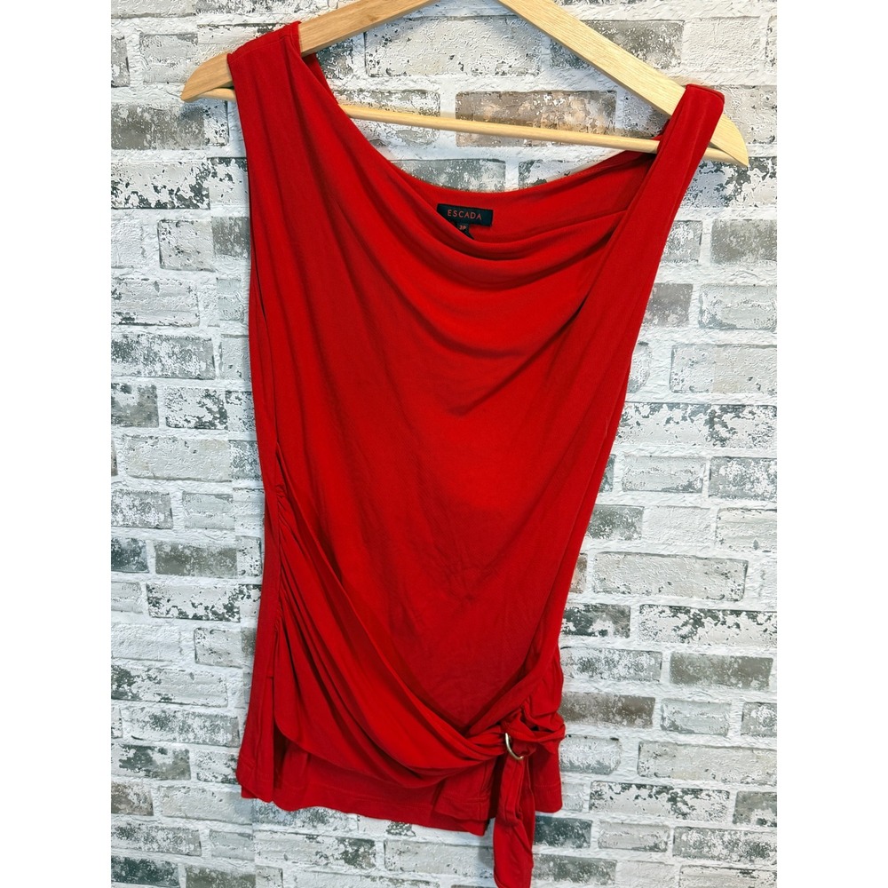 Escada Draped Cowl Neck Top Womens 38 Red Sleeveless Ruched Gold Ring Buckle